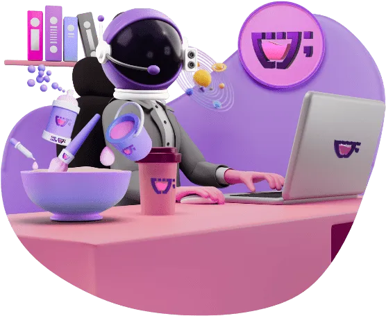 Um astronauta centado em uma mesa com um computador com varios objetos da cupcode em cima da mesa