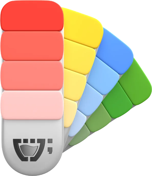 Uma paleta de cores, com tons de vermelho, amarelo, azul e verde. E o logotipo da Cupcode na base da paleta de cores.