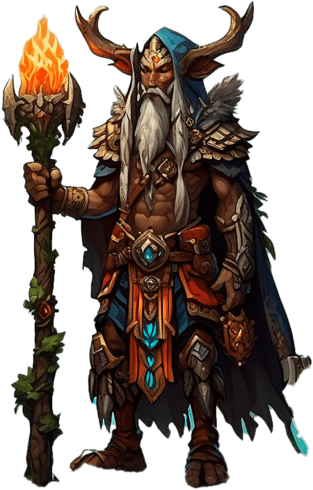 Arte de um druida majestoso com adornos tribais e um cajado flamejante, invocando a magia da natureza, uma das classes mágicas jogáveis no ModukOT.