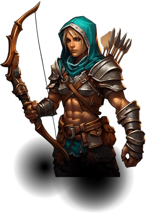 Imagem de um paladino corajoso com armadura de prata e capuz azul, empunhando um arco, simbolizando a habilidade e a precisão dos personagens de combate à distância no ModukOT.