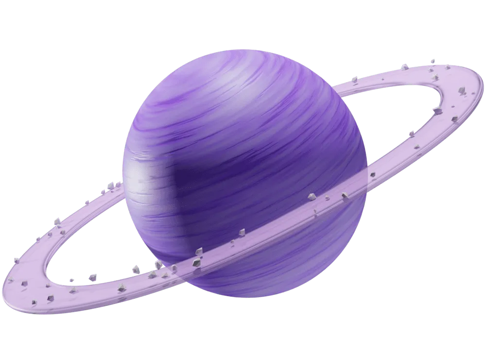 O icônico planeta roxo com listras e anéis de cristal do universo Cupcode. Representa o mundo de serviços que oferecemos.