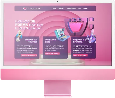 Monitor rosa com landing page da Cupcode, representando hospedagem para aplicações web
