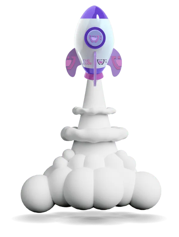 Um foguete roxo da Cupcode decolando