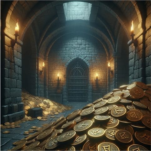 Representação detalhada de um calabouço de jogo com um tesouro de moedas de ouro, destacando a riqueza e as aventuras encontradas no ModukOT.