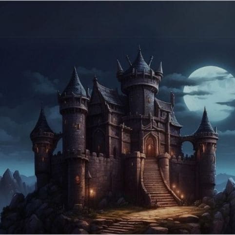 Imagem de alta resolução de um castelo medieval iluminado pela lua cheia, evocando um cenário mágico para o servidor de Tibia ModukOT.