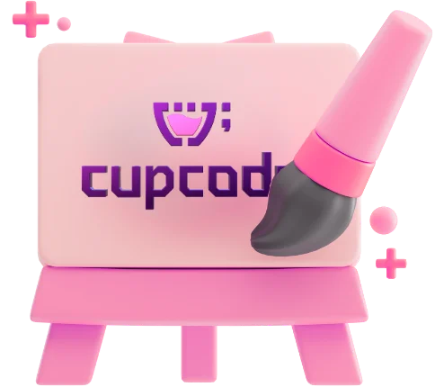Um quadro rosa com a logo da cupcode no centro, e um pinsel rosa em cima