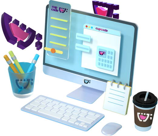 um computador com mouse, copo e outros itens