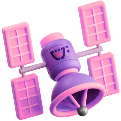 Um satélite rosa e roxo com a logo da Cupcode