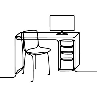 Ícone minimalista de um espaço de trabalho simbolizando as oportunidades de emprego proporcionadas pela Satoife em ambientes corporativos.