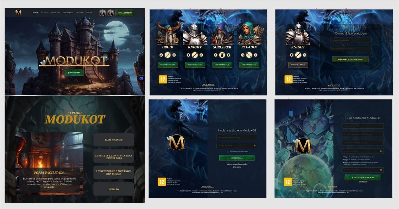 Wireframe de alta fidelidade para o website da ModukOT, detalhando uma interface rica e imersiva com imagens de personagens e ambientes estilizados do jogo. Inclui cabeçalhos de navegação, seções de conteúdo destacadas e botões interativos para uma experiência de usuário otimizada. A interface combina elementos de fantasia com funcionalidade, refletindo a identidade visual da marca ModukOT com uma paleta de cores escuras e imagens atmosféricas de castelos, calabouços e personagens de RPG.