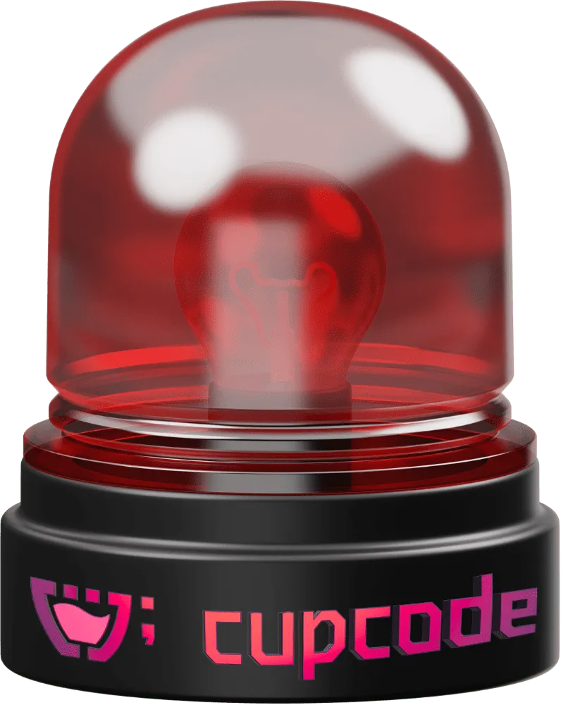 Um giroflex de alerta vermelho, uma luz de emergência da polícia, pequena e oval com base reta, com o logotipo da Cupcode na base, representando um alerta máximo.