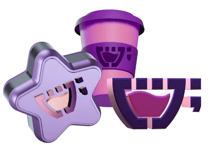 Uma estrela roxa, um copo roxo e a logo da cupcode