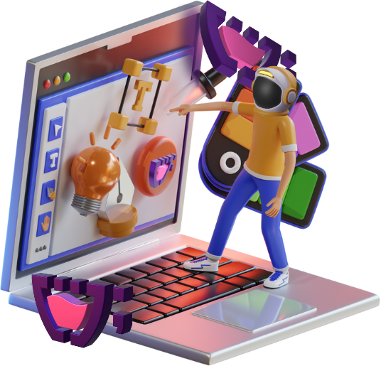 um homem está em cima de um laptop com vários objetos