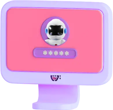 Uma tela roxa e rosa com um robô e com um input de senha