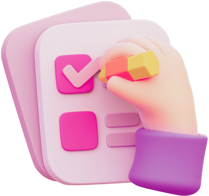 Uma mão em 3d marcando em uma caderneta com uma caneta