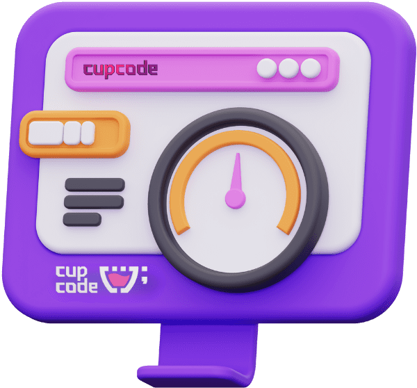 Uma interface com alguns elementos gráficos e com um ponteiro de velocidade acima, com a logo da cupcode branca abaixo