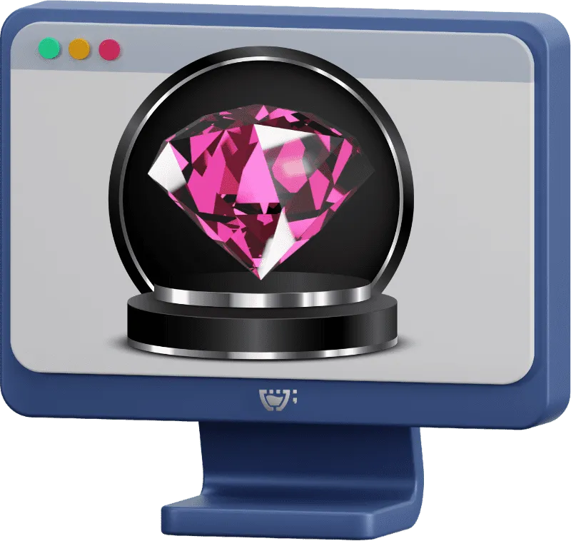 Tela de Apresentação da Cupcode: um monitor azul marinho exibindo o logotipo da Cupcode e a imagem de um deslumbrante diamante rosa brilhante sobre uma plataforma preta luxuosa, tudo em uma representação 3D.