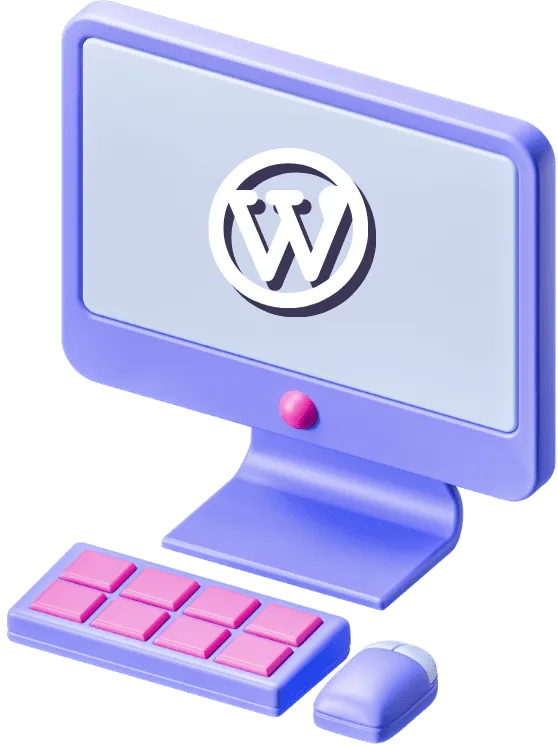 Computador roxo e rosa com o logo do WordPress, representando o desenvolvimento de sites em WordPress pela Cupcode.