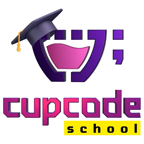 O logotipo da cupcode school com um chapéu roxo e um boné de formatura